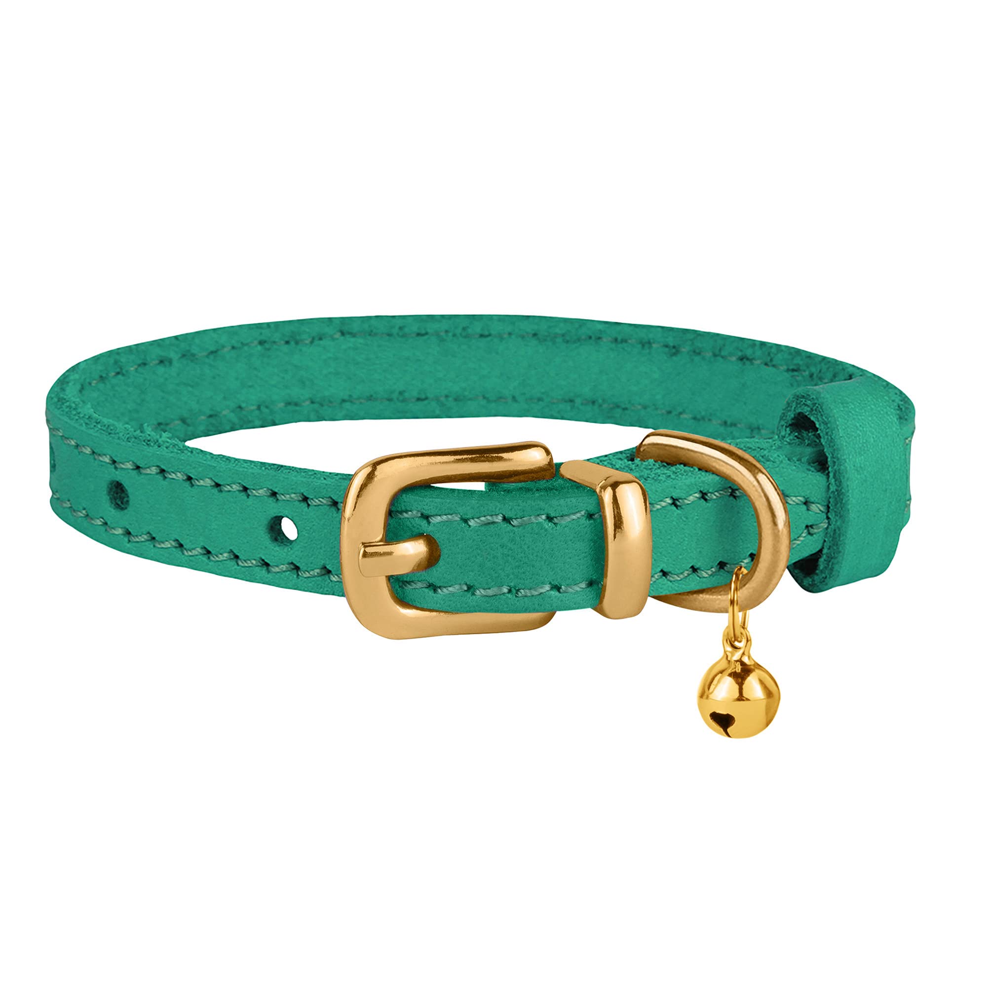 Bronzedog Leather Cat Collar With Bell Non Breakaway Kitten Qr Tag For Girl Boy (9'' - 11'' Cats/Mini Dogs, Green & Gold)