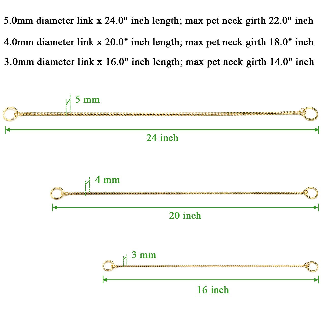 Mogoko Stainless Steel Dog Choke Chain Collar, Puppy Metal Snake Chain Pet Show Slip Collar Choker For Training Walking (Gold;24.0'*5.0Mm)