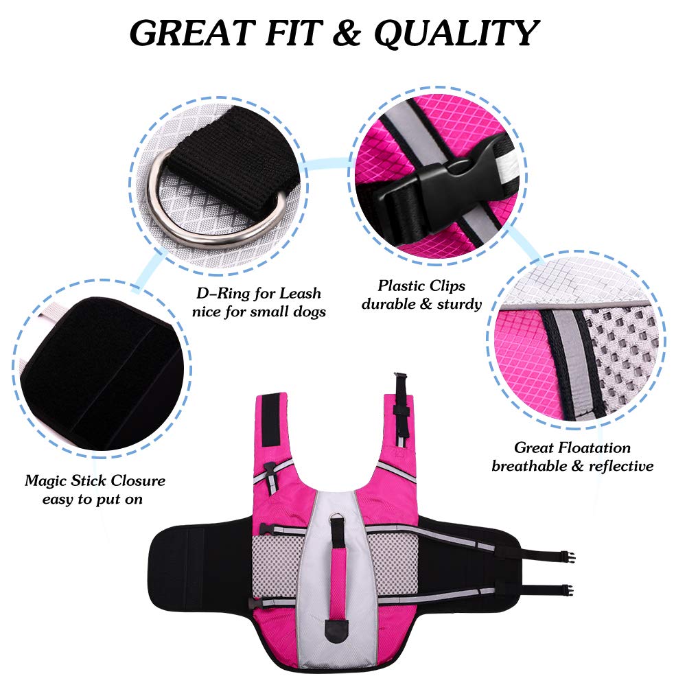 Dog Life Jacket Swimming Vest Lightweight High Reflective Pet Lifesaver With Lift Handle, Leash Ring Pink,S