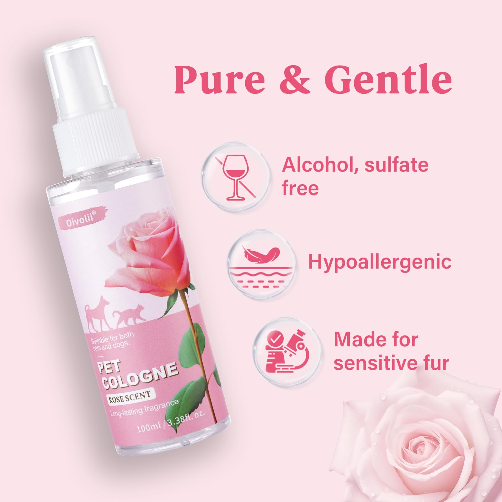 Oivolii Natural Pet Cologne | Perfume For Dogs & Cats Premium Grooming Spray Long-Lasting Rose Scent Deodorizing Conditioning &