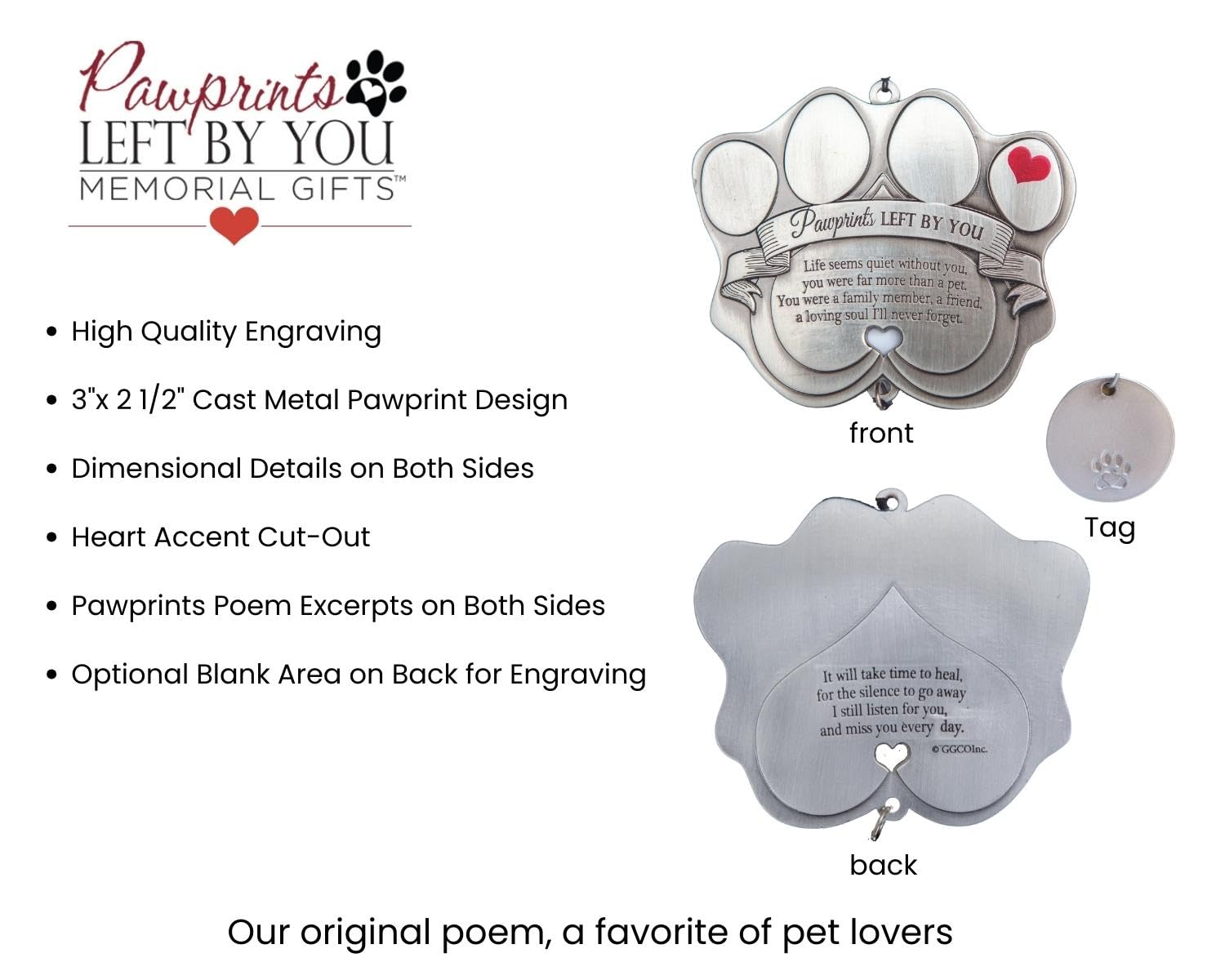 Pet Memorial Ornament - 3' Metal Casted Paw Print Design Ornament With Engravable Drop Pendant - Beautiful Remembrance Gift For A Grieving Pet Owner - Includes Pawprints Left By You Poem Card