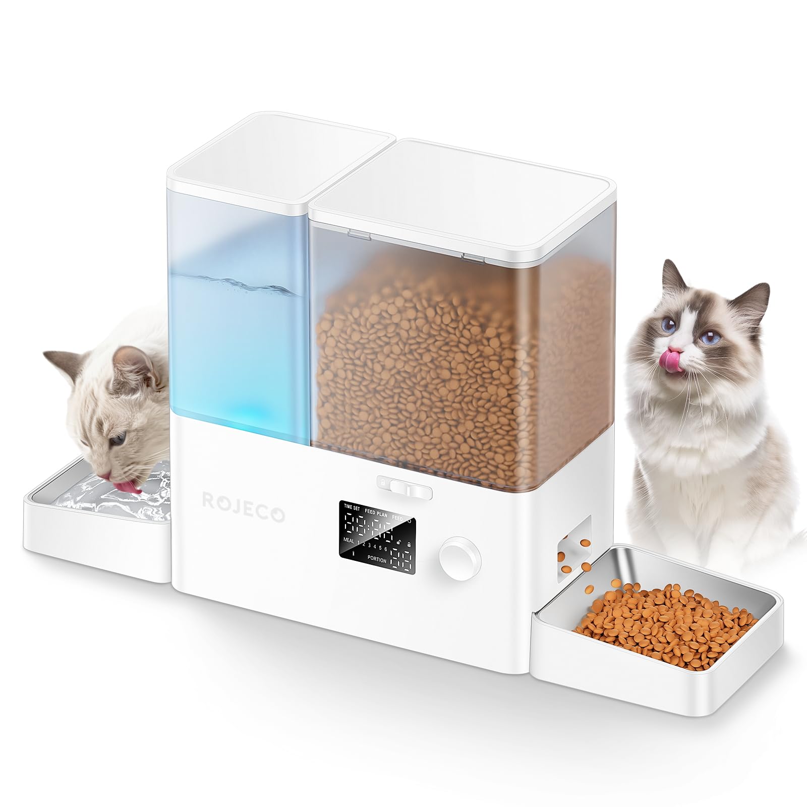 Rojeco 36Cups/8.5L Pet Automatic Cat Feeder and Gravity Water Dispenser,Stainless Steel Bowls 2-in-1 Set Large Capacity 5L Food 