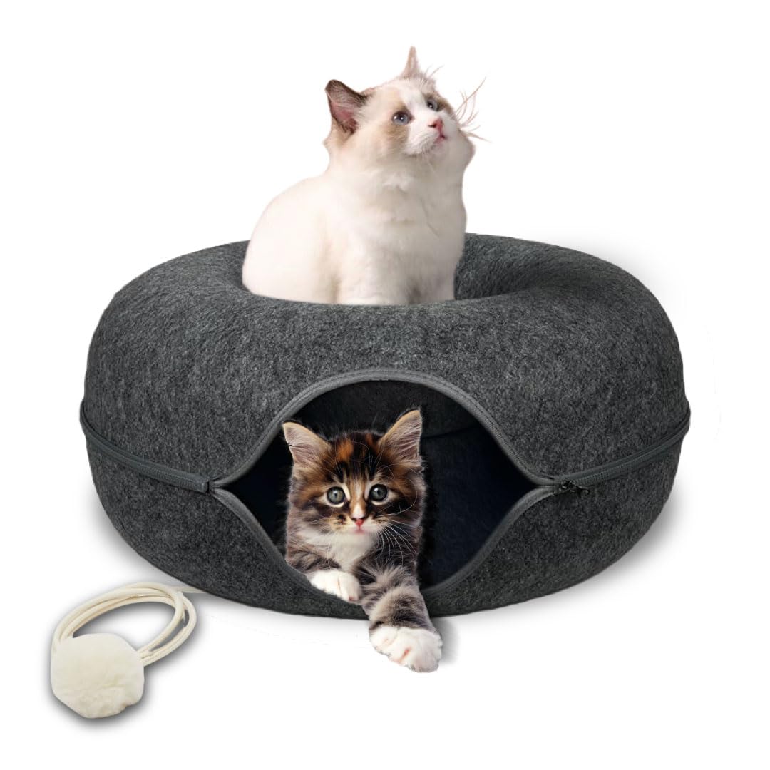 Peekaboo Cat Cave - Detachable Round Felt Cat Cave Bed Fun Playhouse And Resting Cat Donut Tunnel For Kittens, Cats, And Small P