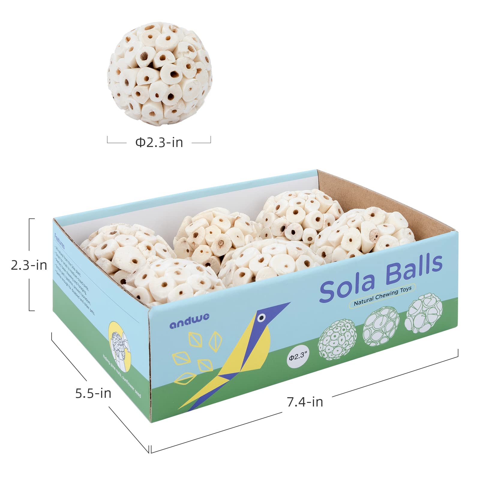Andwe Bird Toy Sola Ball - Natural Soft Chew Shredding & Foraging Toy For Cockatiel Conure Quaker Parrot Budgie Parakeet Rabbit