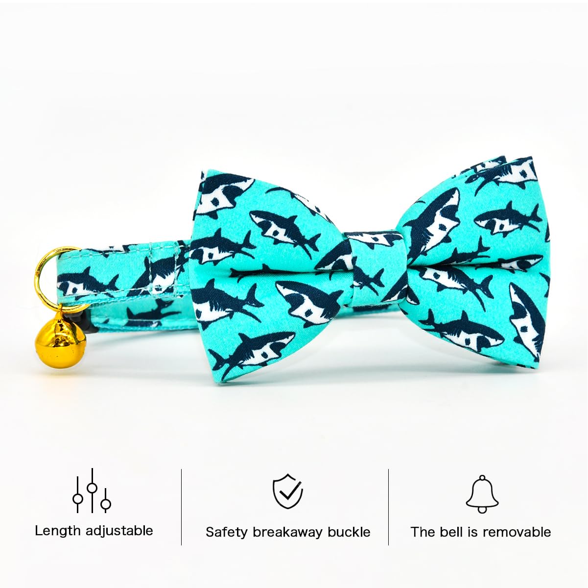 Oceanic Sharks Cat Breakaway Collar Bow Tie With Bell, Wedding/Birthday Cat Accessories