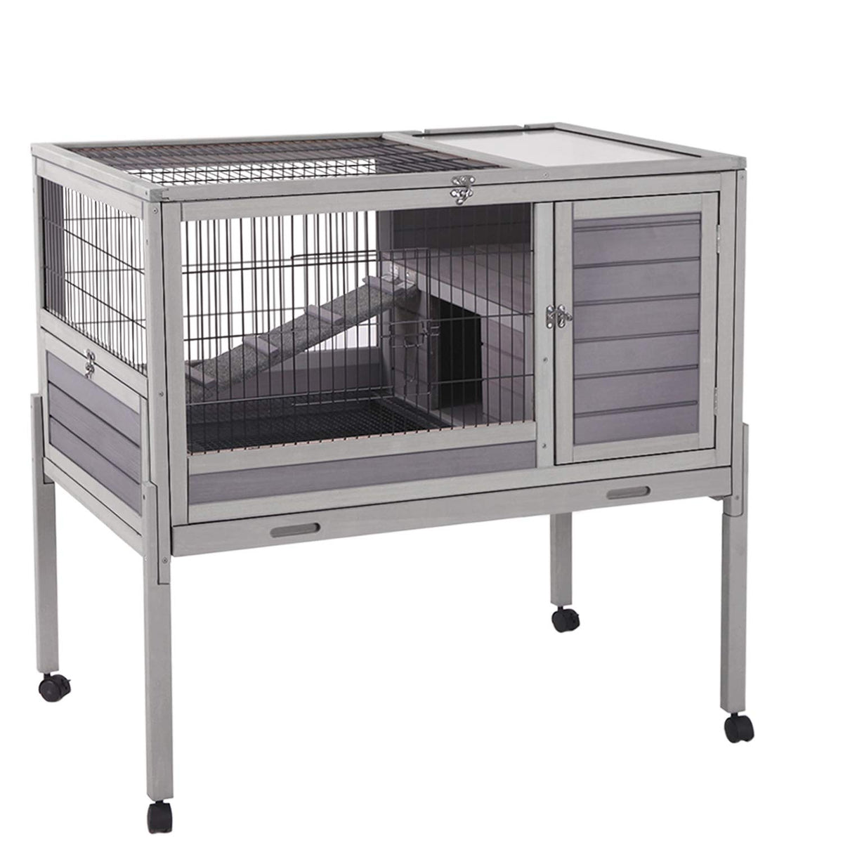 Aivituvin Rabbit Hutch Indoor And Outdoor 39.7' Bunny House On Wheels,Hamster Cage With Wire Netting Above The Deep Not Leakage Pull Out Tray,Detachable Legs