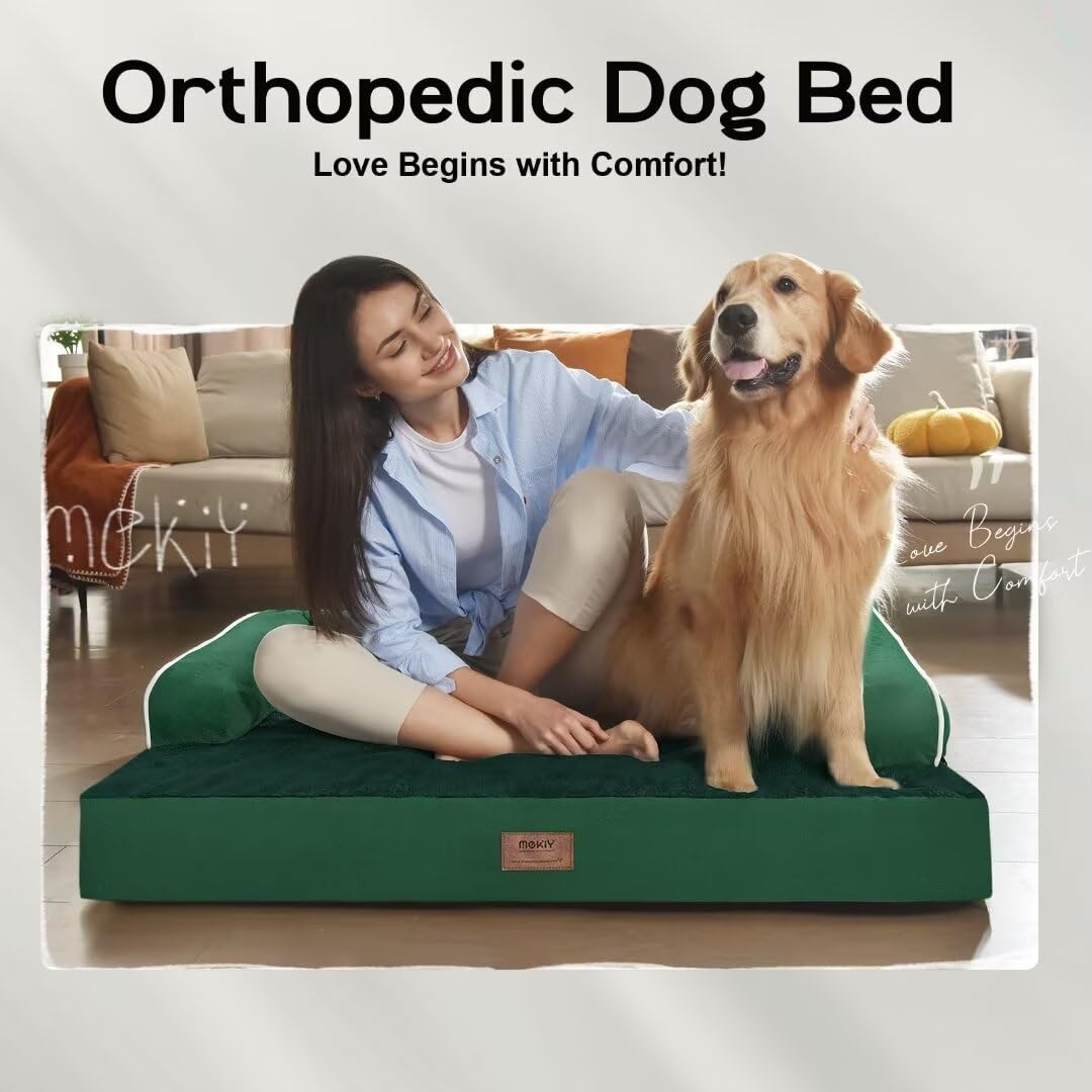 Large Dog Bed Orthopedic Washable - Waterproof Removable Cover - Medium Xlarge Big Dogs - Egg Foam Couch - Emerald Dog Beds Bolster With Sides