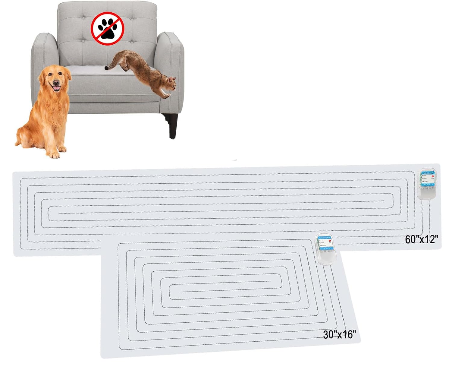 SEERWAY 2-Piece Electric Pet Training Mats - Extra Long & Wide Sizes (60x12    & 30x16   ), Shock Pads to Keep Dogs/Cats Off Fur
