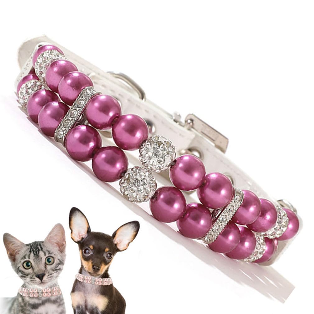 Purple Pearl Collar For Cats, Fancy Crystal Bling Pearl Dog Collar Rhinestone Luxury Beaded Puppy Necklace Diamond Girl Pet Jewe