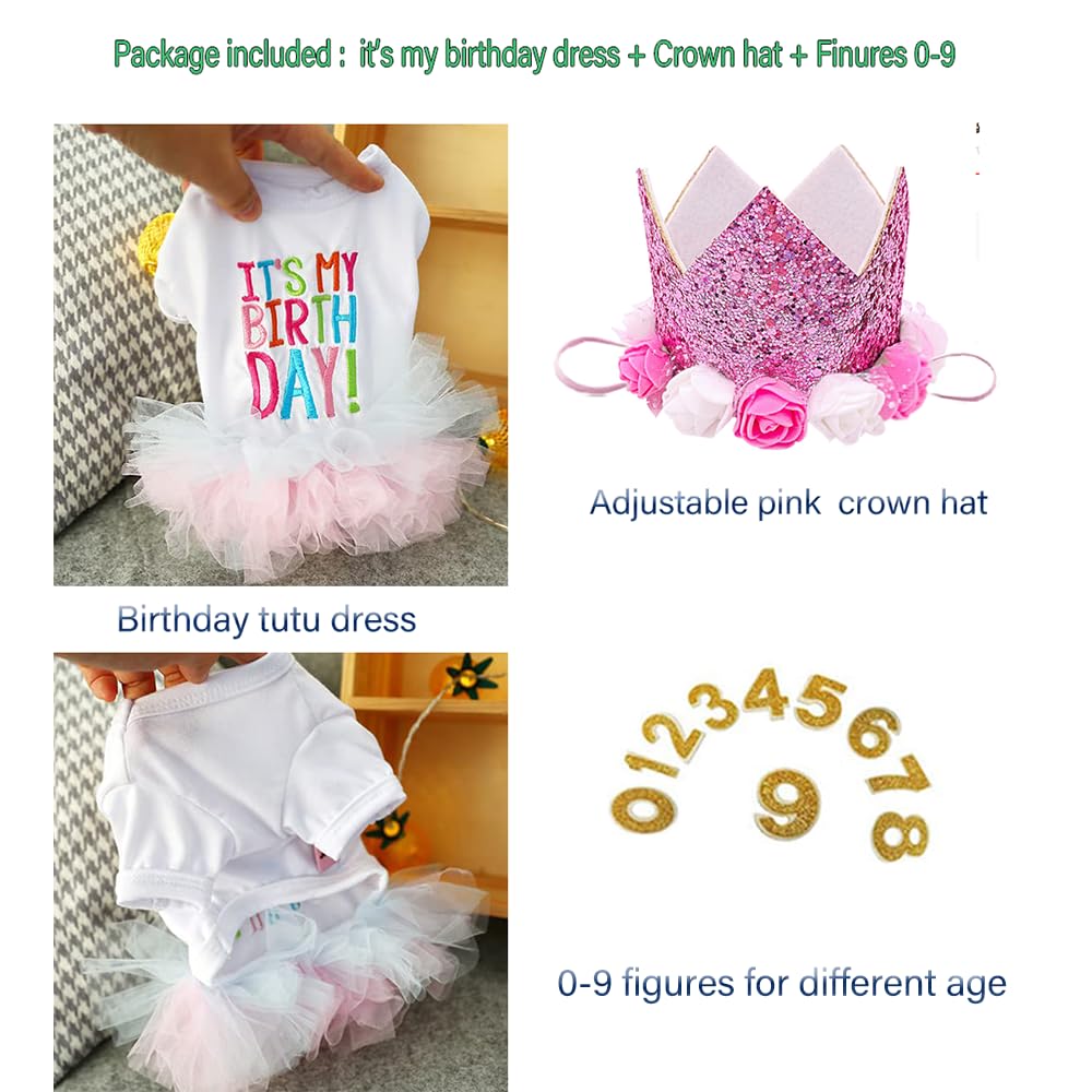 Aniac Dog Birthday Dress And Hat Set Puppy Lace Tutu Pink Pet Crown Hat With 0-9 Figures Birthday Outfit For Cats Small Dog (Whi