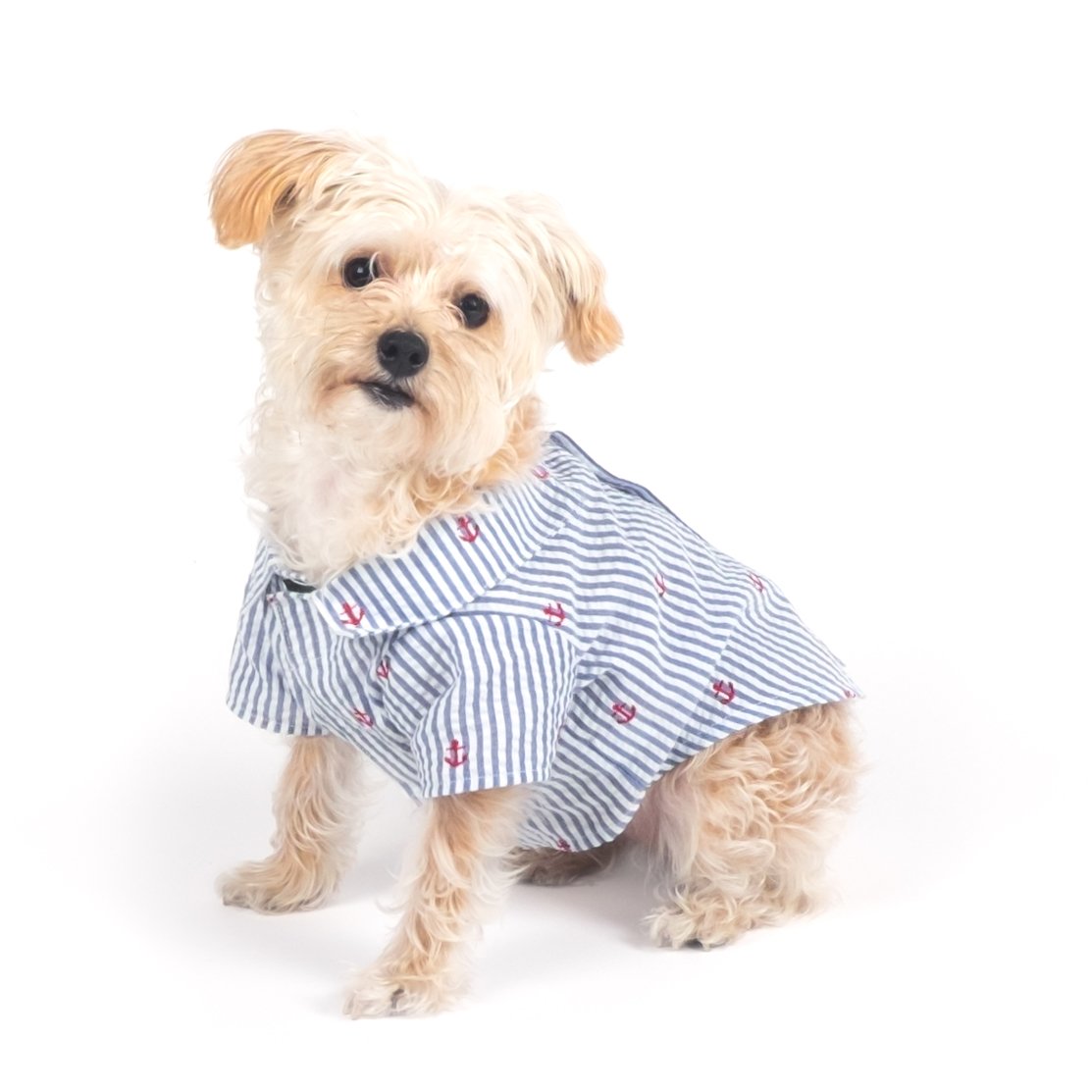 The Worthy Dog Embroidered Anchors Stripe Seersucker Button Up Look Pet Shirt, Soft Light Breathable Outfits For Dogs, Navy Blue - Xs