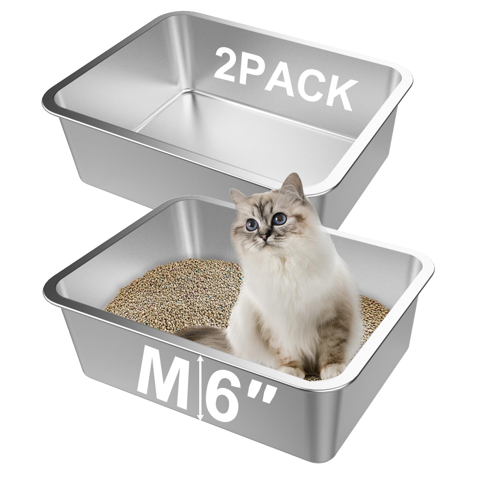 Lawei 2Pcs Stainless Steel Cat Litter Box, Medium Metal Litter Pan For Kitty/Kitten/Cat/Rabbits, Non Stick Litter Boxes, Rust Pr