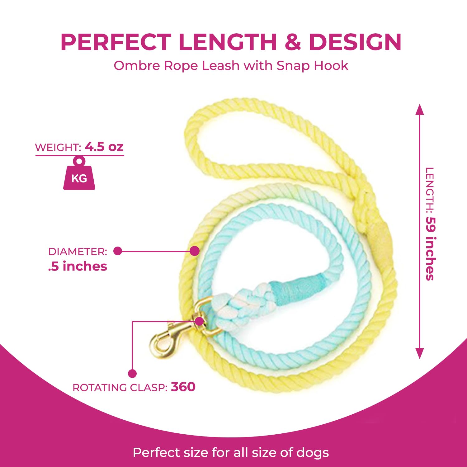 Glow Pups Yellow And Blue Leash For Dogs, Handmade Organic Cotton Tie Dyed Rope Leash For Dogs With A Snap Hook, Dog Rope Leash, Ombre Dog Leash, Blue Leash, Yellow Leash (Yellow Blue)