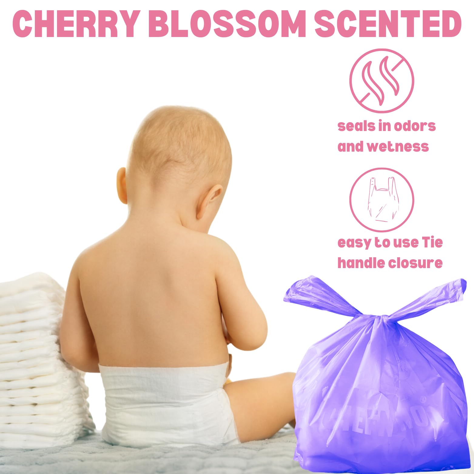 Cherry Blossom Scented Disposable Diaper Sacks - 600 Ct With Easy Tie Handles, Scented, Cat & Dog Waste Bags