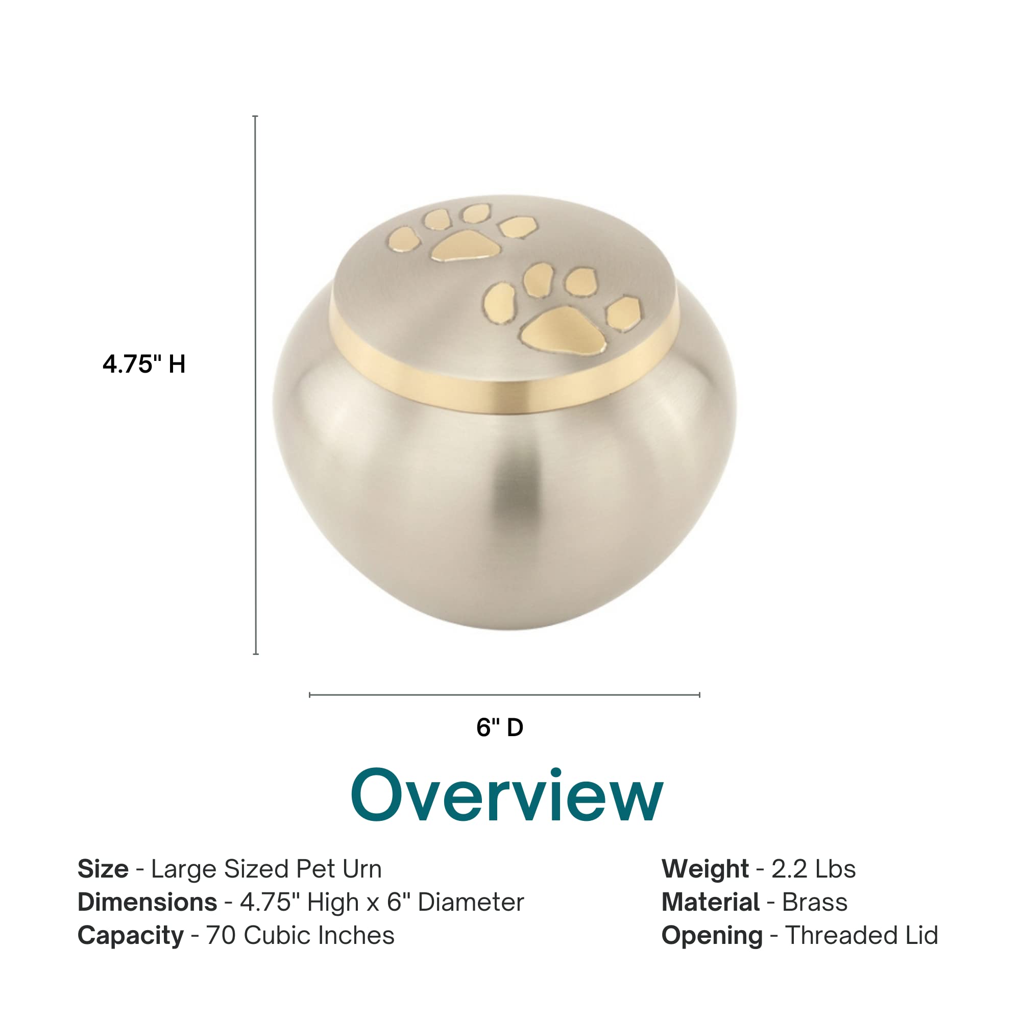 Paw Print Round Pet Cremation Urn For Ashes In Pewter Large, Brass, Silver Urn, Dog Urn, Cat Urn, Large Sized Pet Urn, 4.75 Inches High