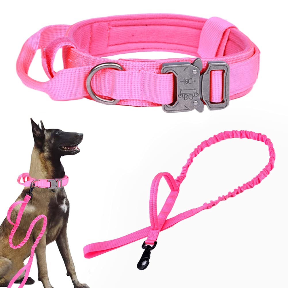 Tactical Dog Collar And Leash Set Tactical Dog Collar With Handle Bungee Leash Adjustable Military Training Nylon Collar Dog Training Collar Leash Set With Control Handleand Metal Buckle (Pink Xl