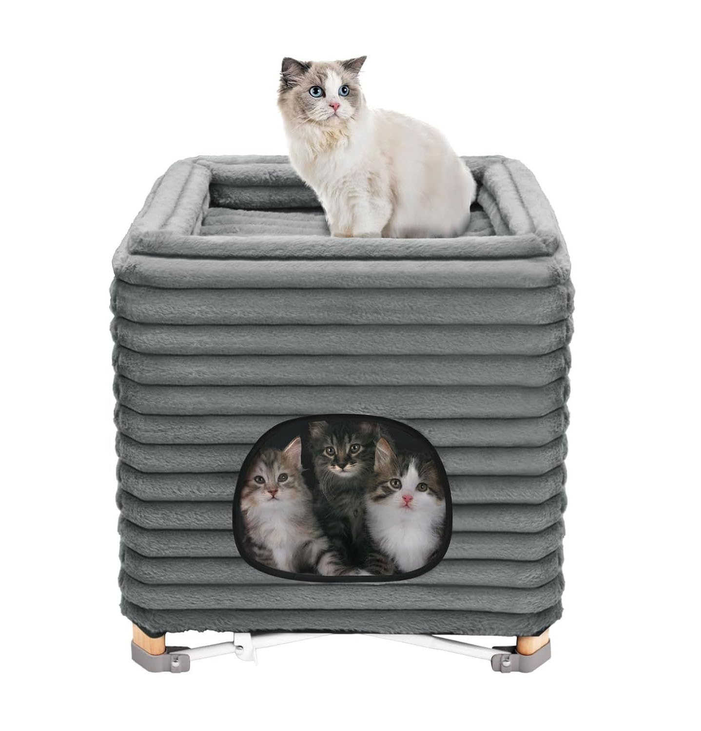 Pozico 2-Tier Collapsible Cat Beds & Furniture, 2 Layer Pine Construction Cat Hammocks, Cat Houses For Indoor Cats, Cat Bed Cave