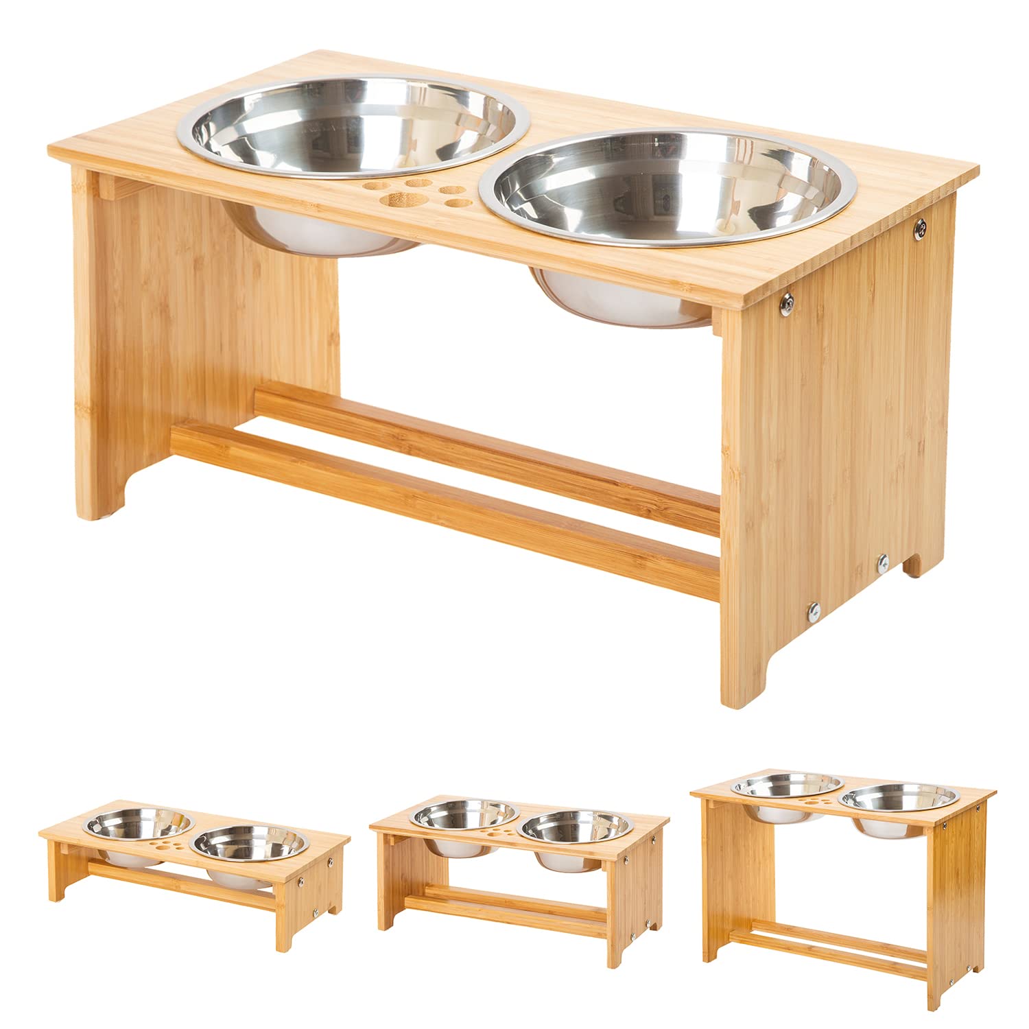 FOREYY Raised Pet Bowls for Cats and Small Dogs, Bamboo Elevated Dog Cat Food and Water Bowls Stand Feeder with 2 Stainless Stee