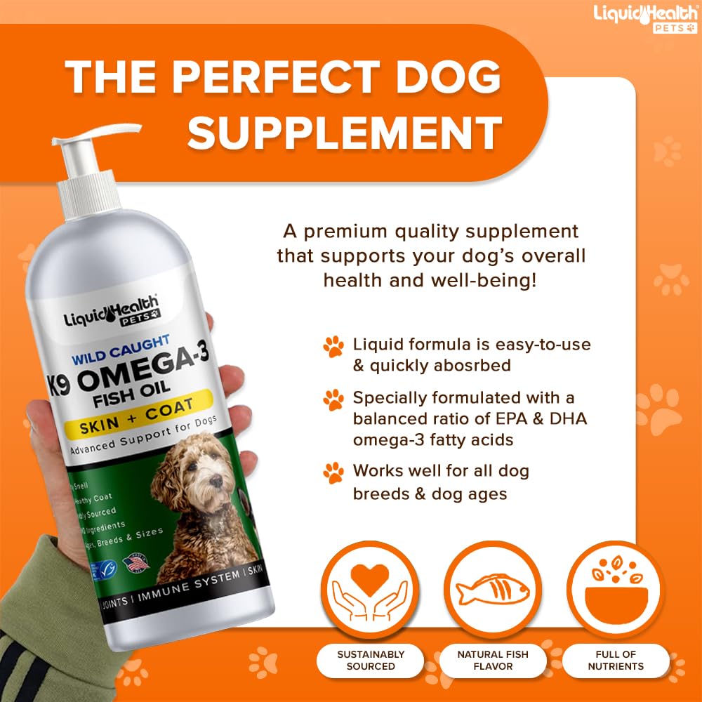 Liquid Health Pets K9 Omega 3 Fish Oil for Dogs - Liquid Omega 3 for Dogs with EPA + DPA + DHA, Dog Shedding Suplement May Reduc