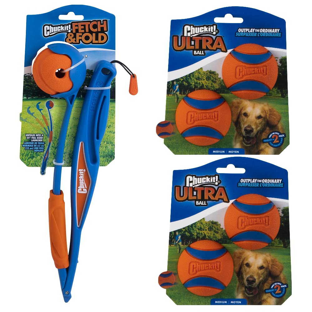 Chuckit! Dog Fetch & Fold Ball Launcher And 4-Pack Ultra Ball Bundle, Medium