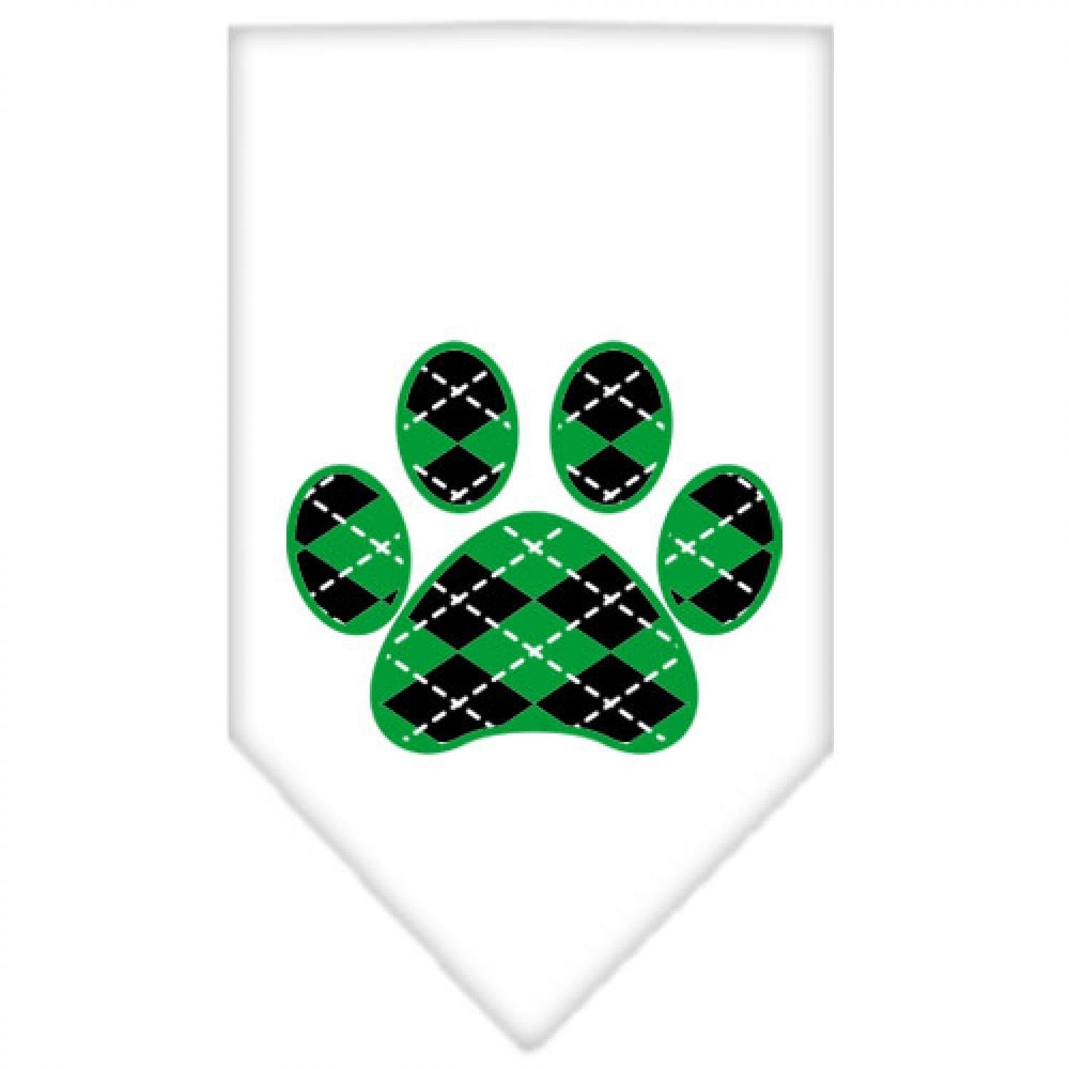 Pet and Dog Bandana Screen Printed, &quot;Green Argyle Paw&quot; White Large