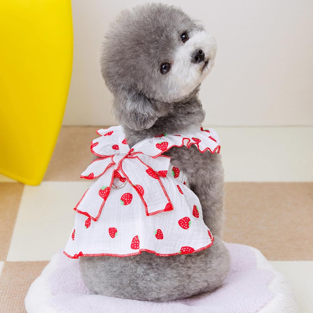 Dog Dresses For Small Dogs Girl, 100% Cotton Girl Dog Clothes With Leash Ring & Bow Decor,Cute Small Dog Clothes For Girls Straw