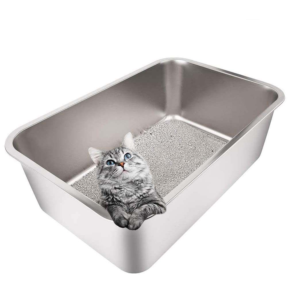 Yangbaga Stainless Steel Litter Box For Cat And Rabbit, Large Size With 8In High Sides And Non Slip Rubber Feet. Odor Control, Non Stick Smooth Surface, Easy To Clean, Never Bend