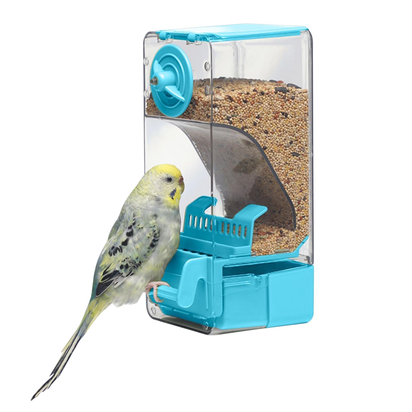 Automatic Bird Feeder, Bird Cage Feeder with Perch for Parakeet Canary Cockatiel Finch (Blue)