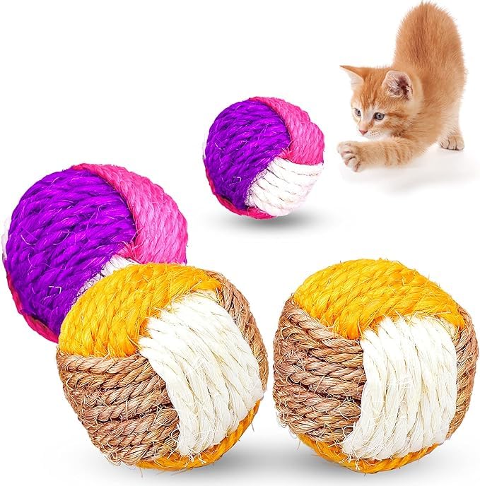 Bohobark Cat & Kitten Toy Sisal Hemp Knitted Ball Tricolor Biting Interactive Pet Supplies