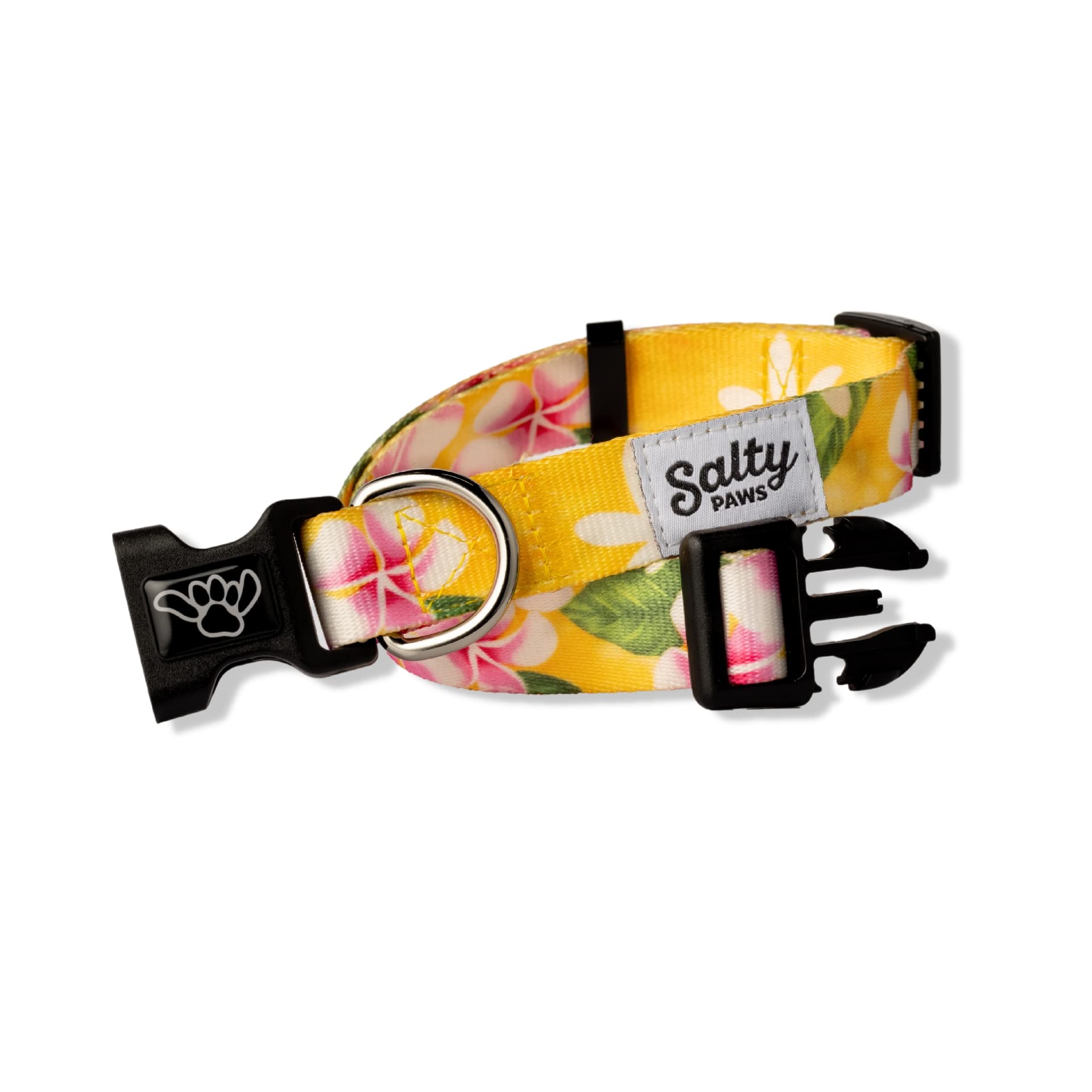 Salty Paws Tropical Yellow Floral Dog Collar For Beach, Boating, Surfing (Medium Size Adj. 14-20 For Dogs 25-50 Lbs, Flower Pr