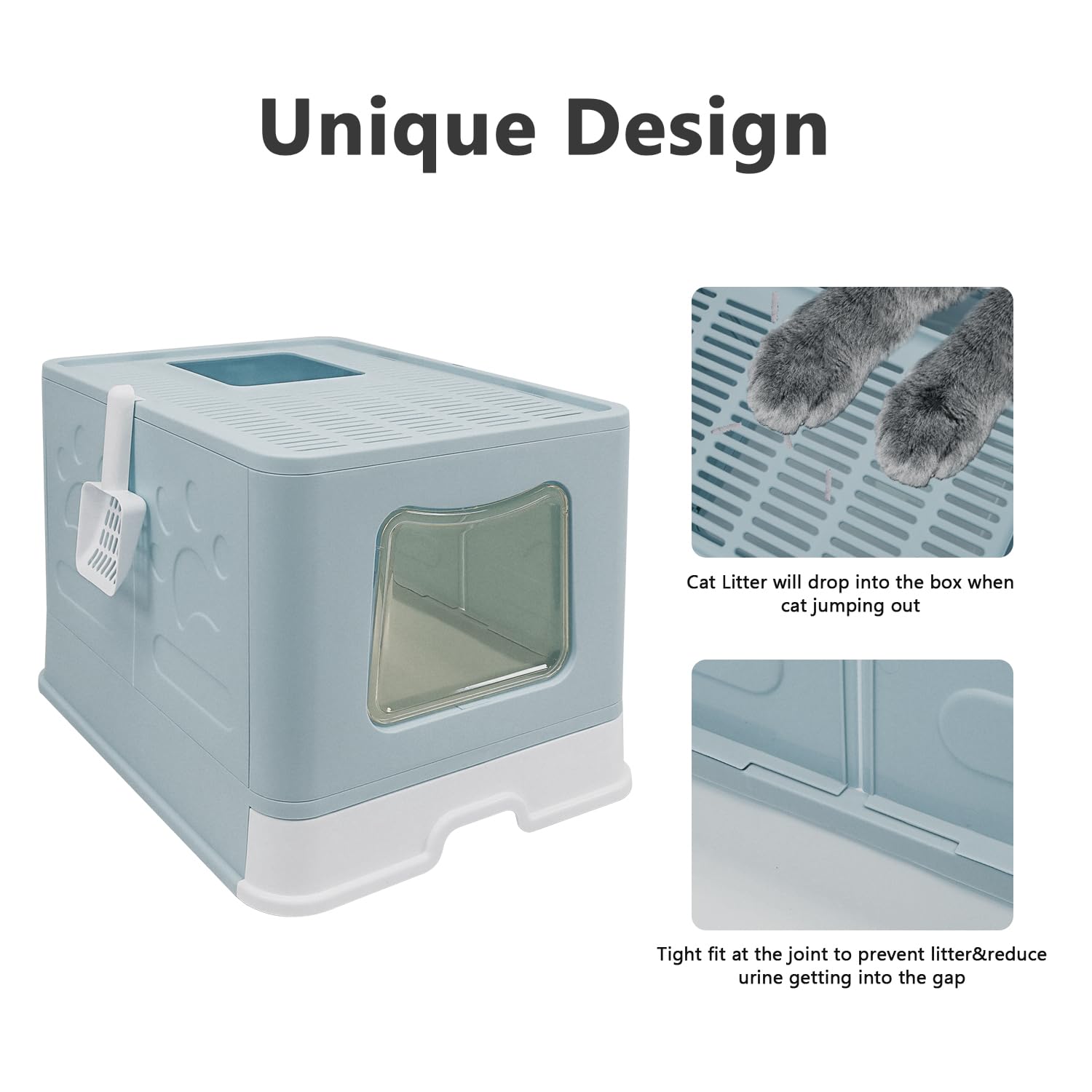 Foldable Xl Cat Litter Box With Lid, Jumbo Enclosed Cat Potty, Top Entry Anti-Splashing Cat Toilet, Easy To Clean Including Cat Litter Scoop And 2-1 Cleaning Brush (Blue) Extra Large