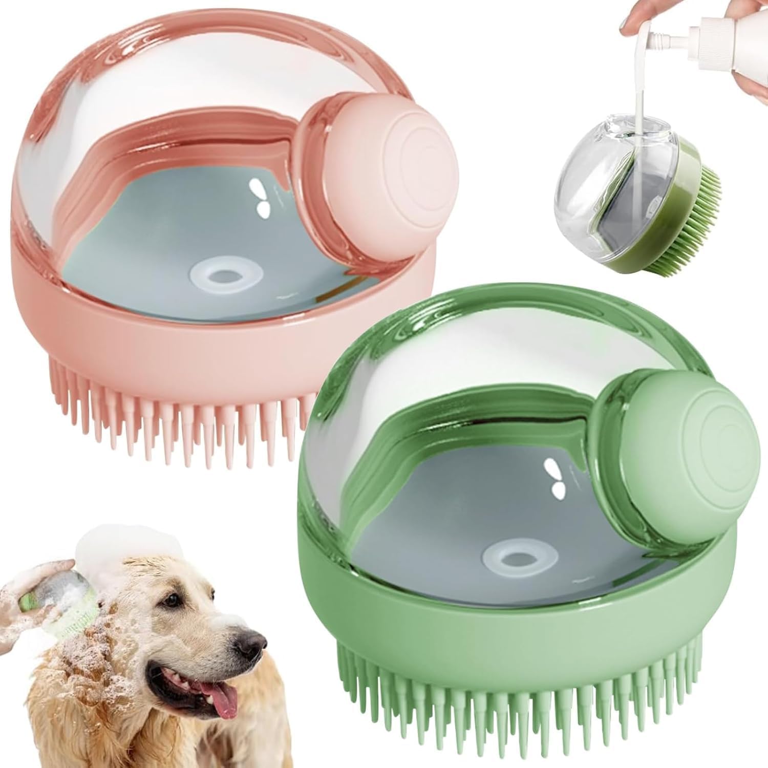 Sxwljt Dog Bath Scrubber Brush, 2 Pcs Pet Dog Grooming Massage Shampoo Bath Brush With Soap And Shampoo Dispenser Soft Silicone 