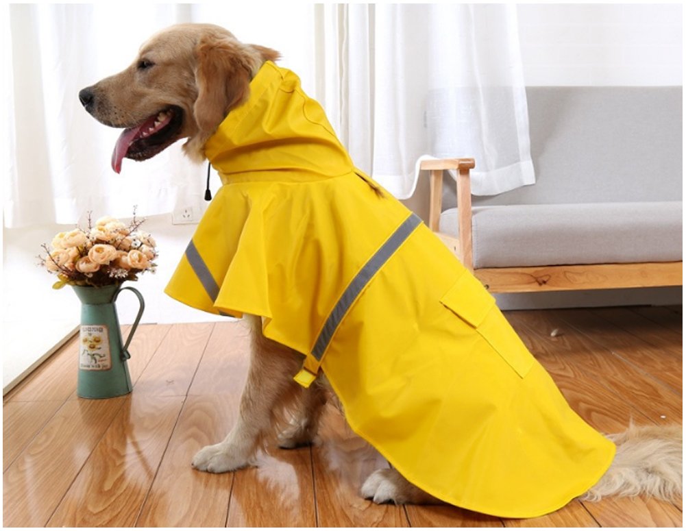 Mikayoo Large Dog Raincoat Adjustable Pet Waterproof Clothes Lightweight Rain Jacket Poncho Hoodies with Strip Reflective(Yellow