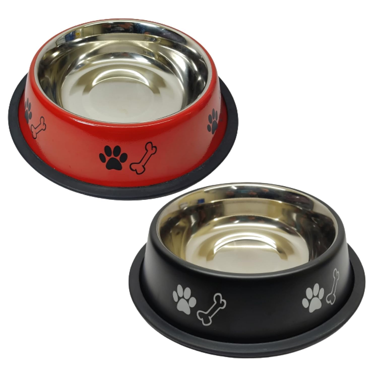 Pet Fun Paw & Bone Printed Stainless Steel Dog Bowl With NonSkid Rubber Base (150 Ml / 450 Ml / 700 Ml / 900 Ml / 1500 Ml / 260