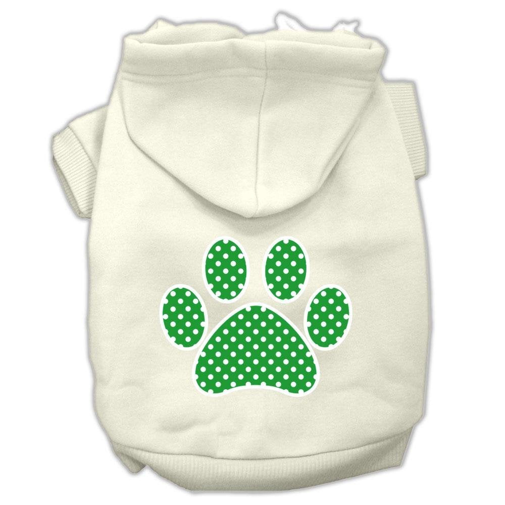 Pet Dog & Cat Hoodie Screen Printed, 'Green Swiss Dots Paw' Cream Lg (10-14 Lbs.)