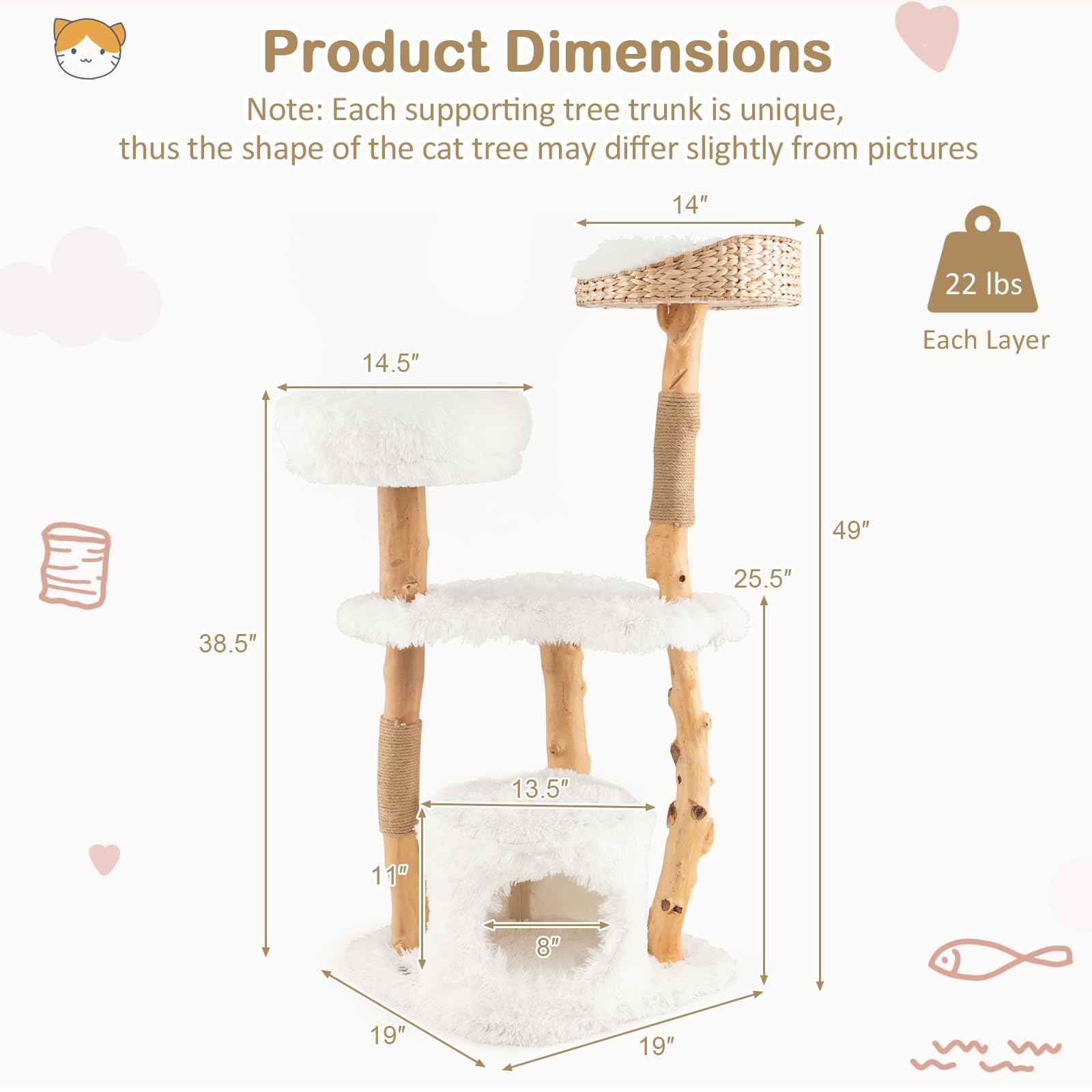 Tangkula Cat Tree For Indoor Cats, Solid Wood Modern Cat Tower With Top Cattail Basket Cat Bed, Side Perch, Large Platform & Cat Condo, Cute Cat Tree With Scratching Posts For Large Cats (49 Inch)
