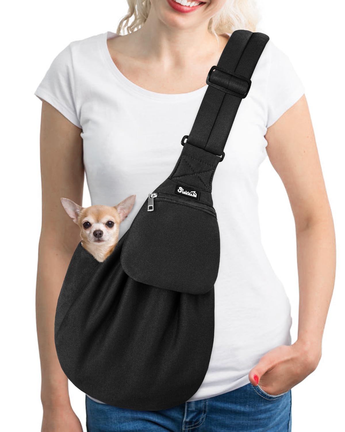 Lukovee Pet Sling, Hand Free Dog Sling Carrier Adjustable Padded Strap Tote Bag, Shoulder Bag With Front Pocket Safety Belt Carr