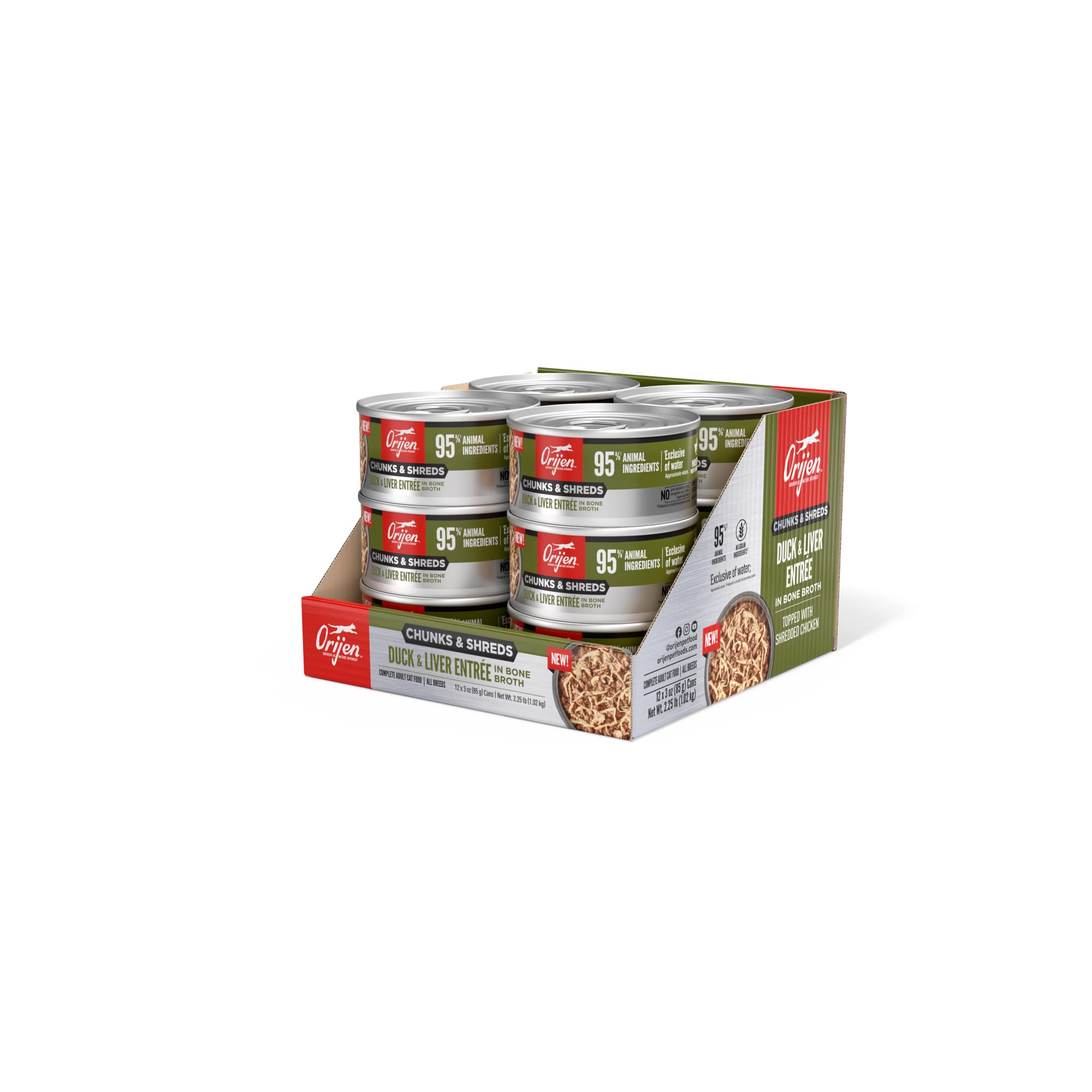 ORIJEN Chunks & Shreds Wet Cat Food Duck & Liver Entr  e 3oz Cans (12 Count)