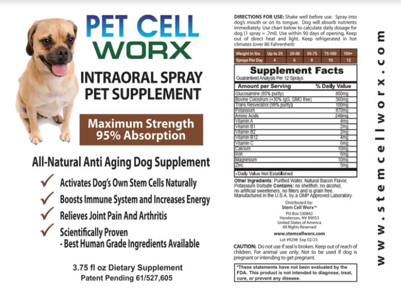 Pet Cell Worx Fast Acting Nutrition Spray for Dogs with Glucosamine, Colostrum and Resveratrol for Rapid Healing and Anti Aging 