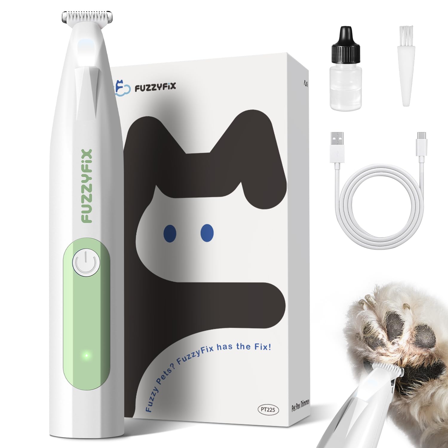 Fuzzyfix Dog Paw Trimmer With Led Light, Low Noise Hair Trimmer For Dogs Type-C Rechargeable Grooming Kit Dog Grooming Clippers 