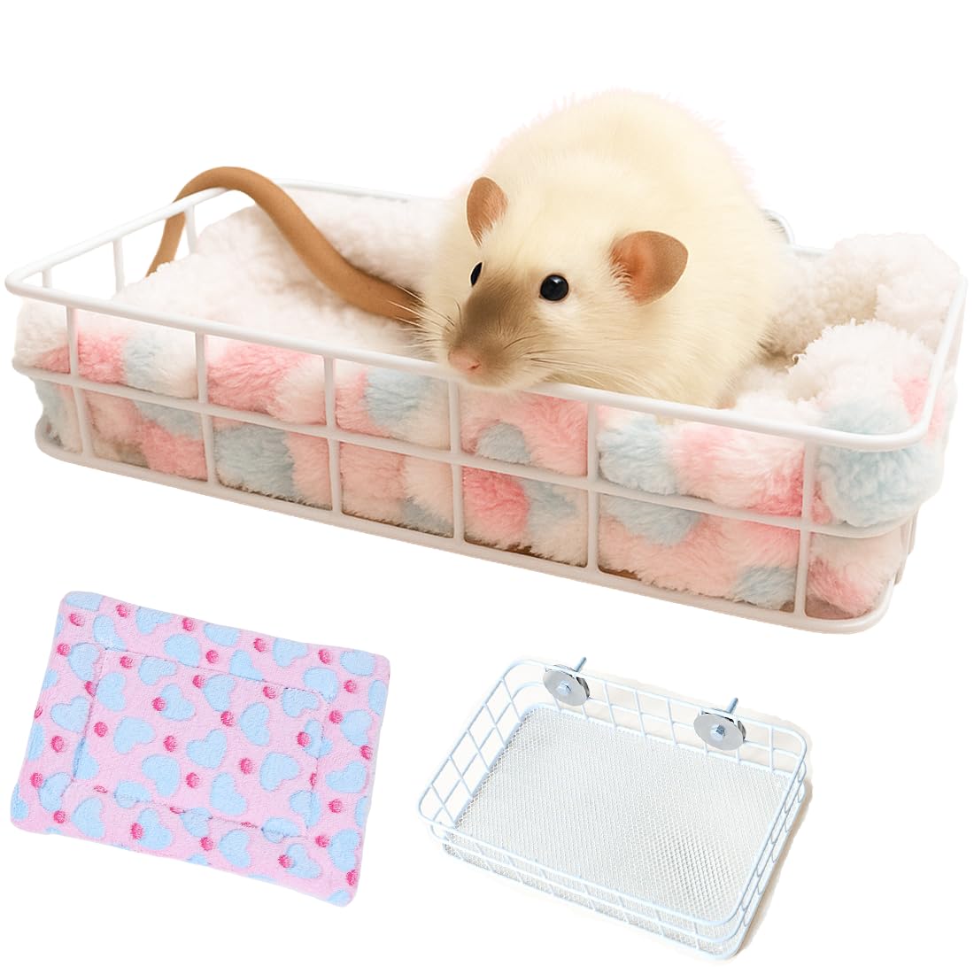 Rat Cage Accessory Platform Bed with Blanket,Metal and Soft Pad, Small Pet Animal Rest Hammock, Chew Proof Habitat House Hide To