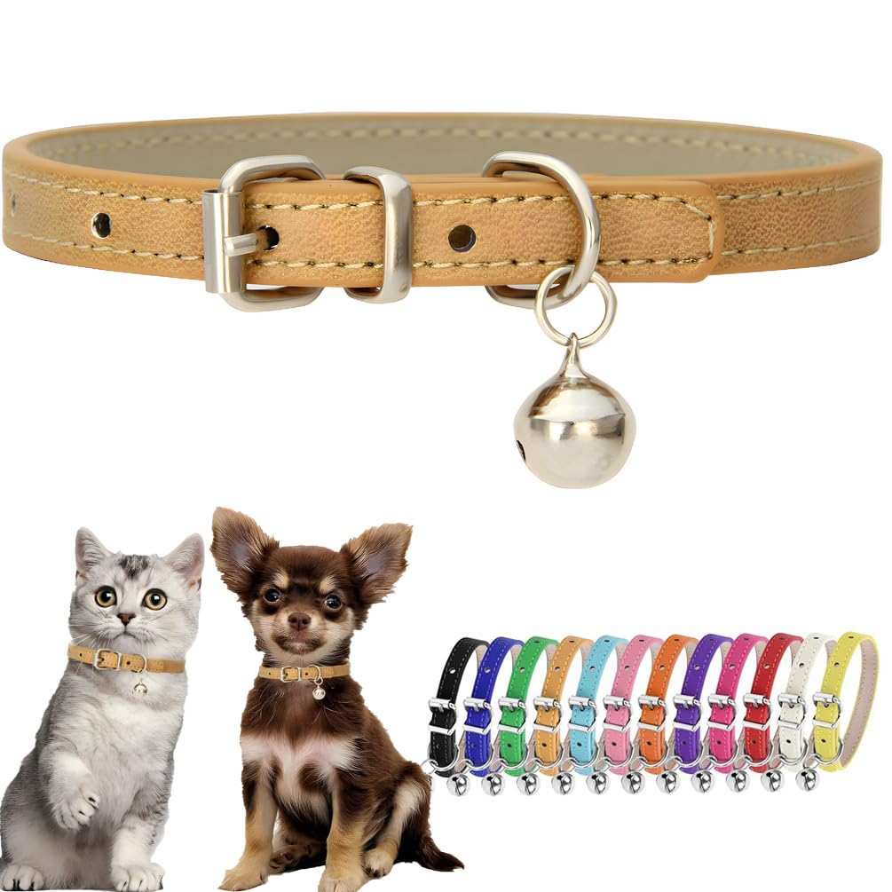 Khaki Puppy Collar With Bell Faux Leather Small Dog Collar With Bells Adjustable Buckle Kitten Cat Collars For Xxs Xs Tiny Littl