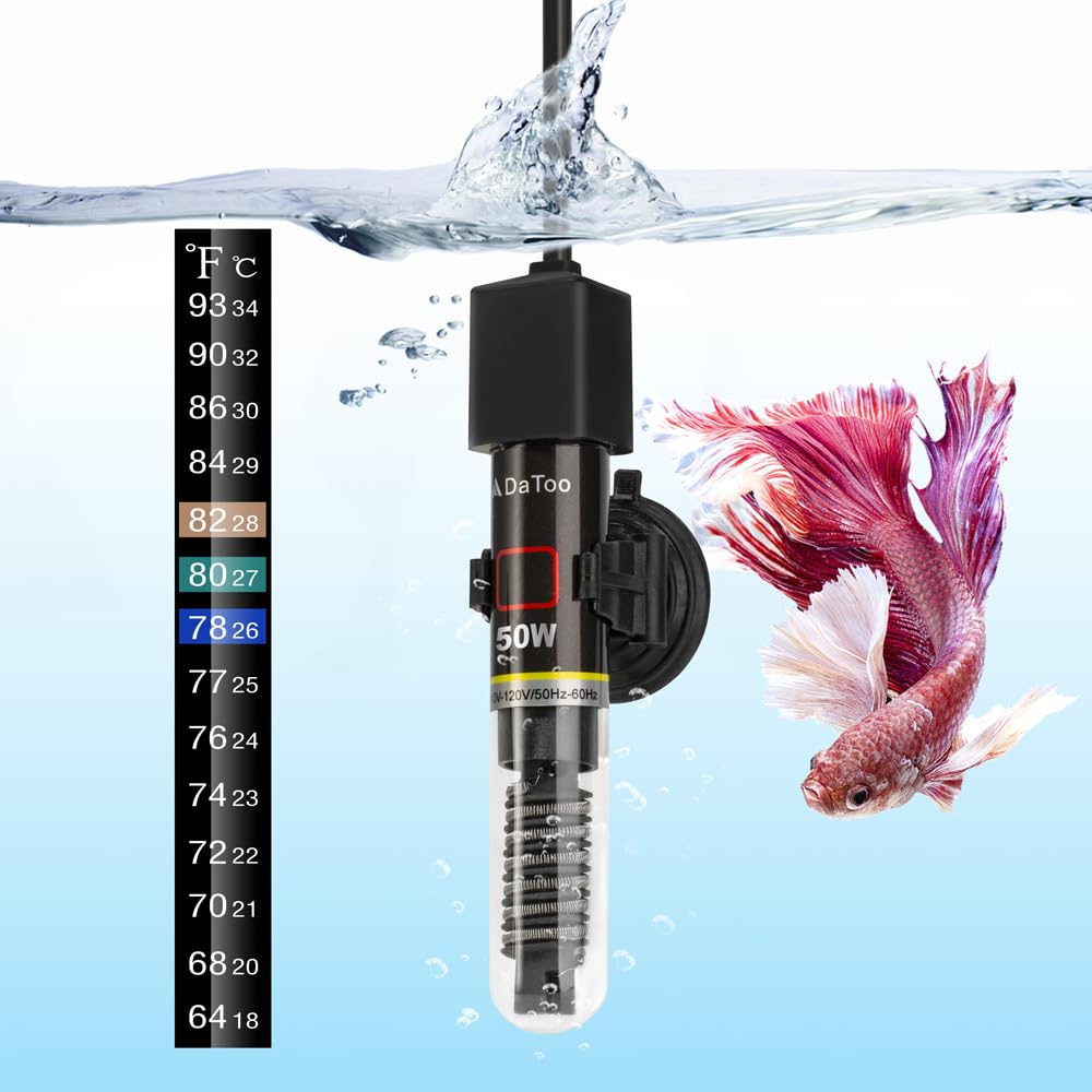 Datoo Mini Aquarium Heater 50W Small Fish Tank Heater 50 Watt With Free Thermometer Sticker