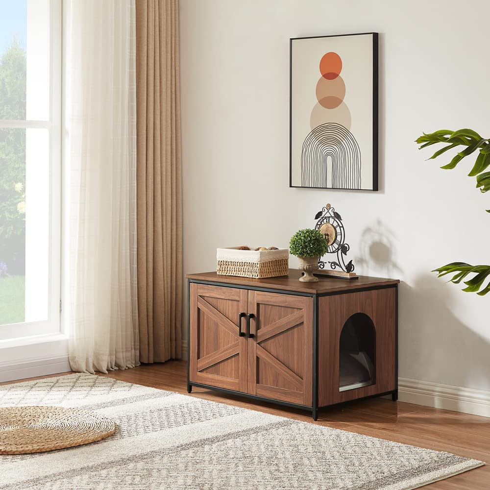 Unipaws Cat Litter Box Enclosure With Open Top, Suitable For Large Cat, High Jumbo Litter Box, Automatic Litter Box Hidden, Cat House, Privacy Cat Washroom Bench (Walnut)