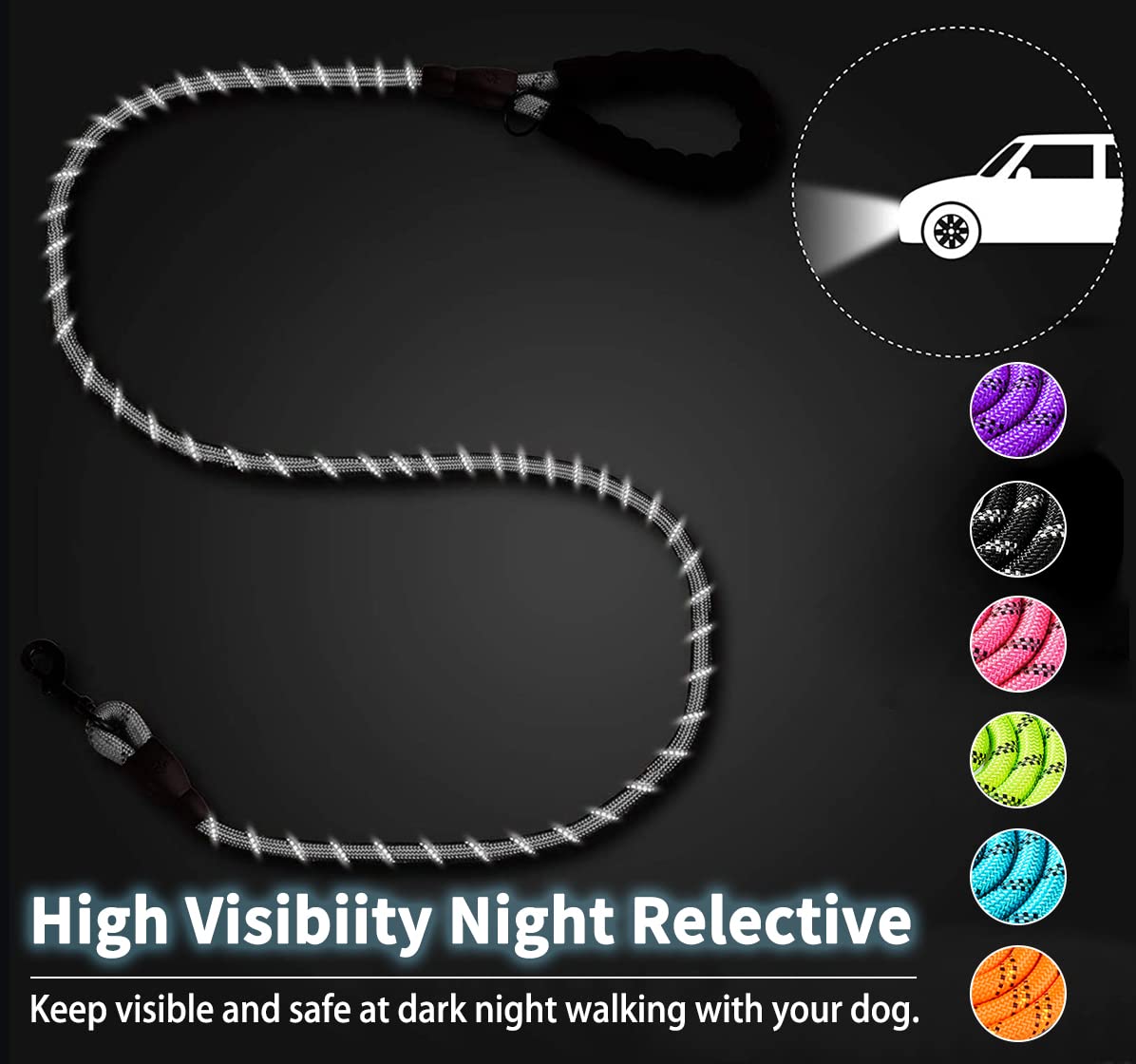 COOYOO 2 Pack Heavy Duty Dog Leash 6 FT with Padded Handle, Reflective, for Medium Large Dogs, Black+Silver