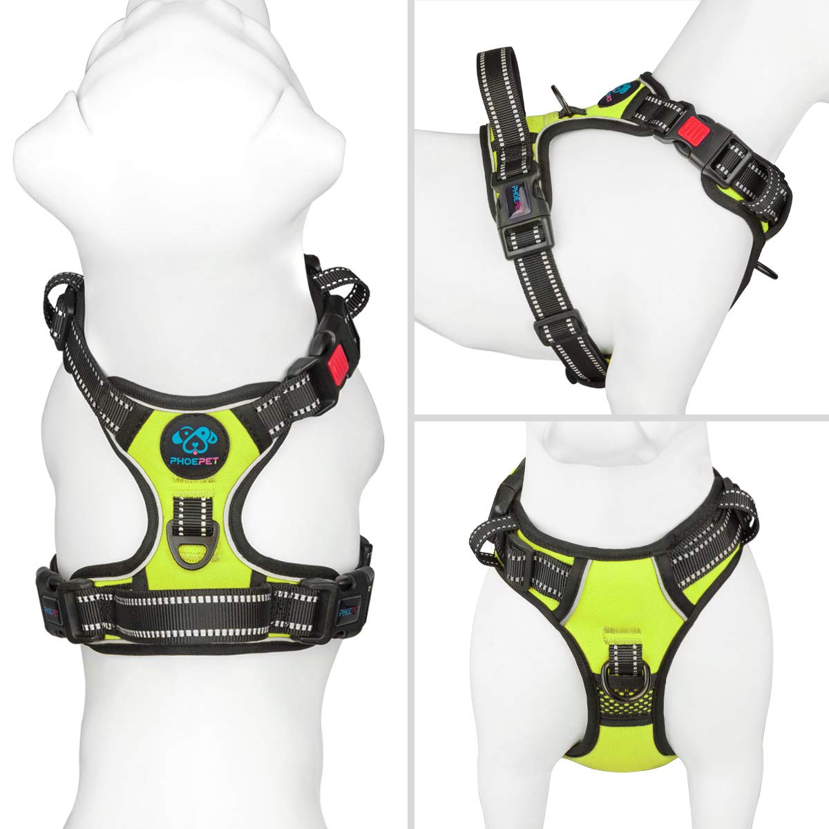 Phoepet No Pull Dog Harness Medium Reflective Front Clip Vest With Handle,Adjustable 2 Metal Rings 3 Buckles,[Easy To Put On & Take Off](M, Green)