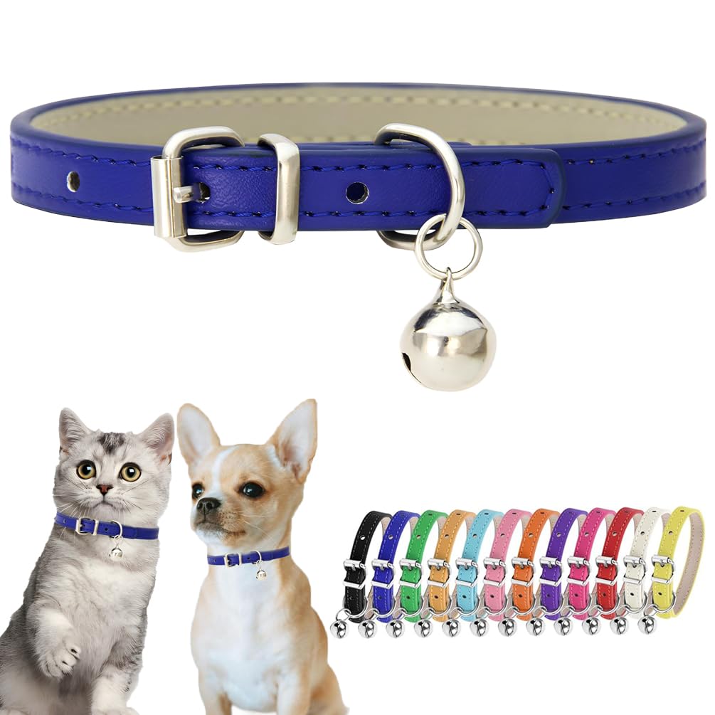 Navy Blue Puppy Collar With Bell Pu Leather Xxs Dog Collar With Bell Adjustable Buckle Kitten Cat Collars For Xxsmall Xs Tiny Li