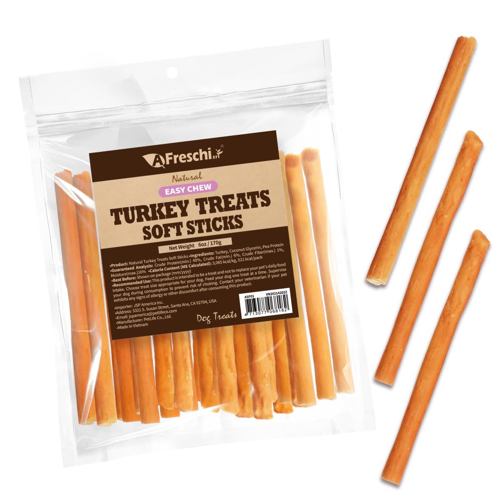 Afreschi Soft Turkey Stick Dog Treats - 6oz, USA-Sourced Trukey, All-Natural, Hypoallergenic, High-Protein, Low-Fat, Healthy & E