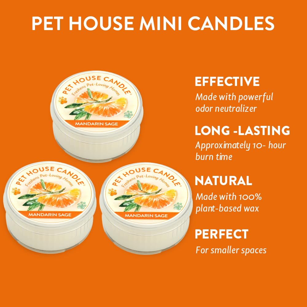 One Fur All Pet House Mini Candle - Mandarin Sage 3 Pack - Pet Odor Eliminator Mini Candle - Natural Wax Candle - Mini Candle Se