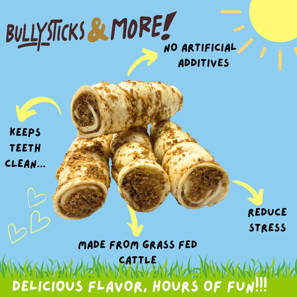 BULLYSTICKS & MORE Beef Cheek Rolls for Dogs - 10-12" Bully Bites Dusted, 3 Count - Premium No Hide Chews, White and Brown
